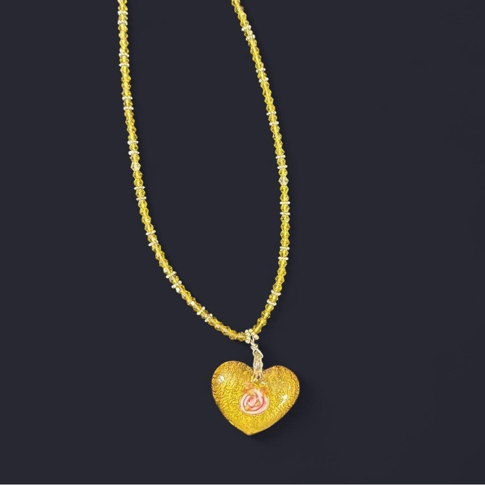 Vintage Gold Heart Pendant and crystal Necklace